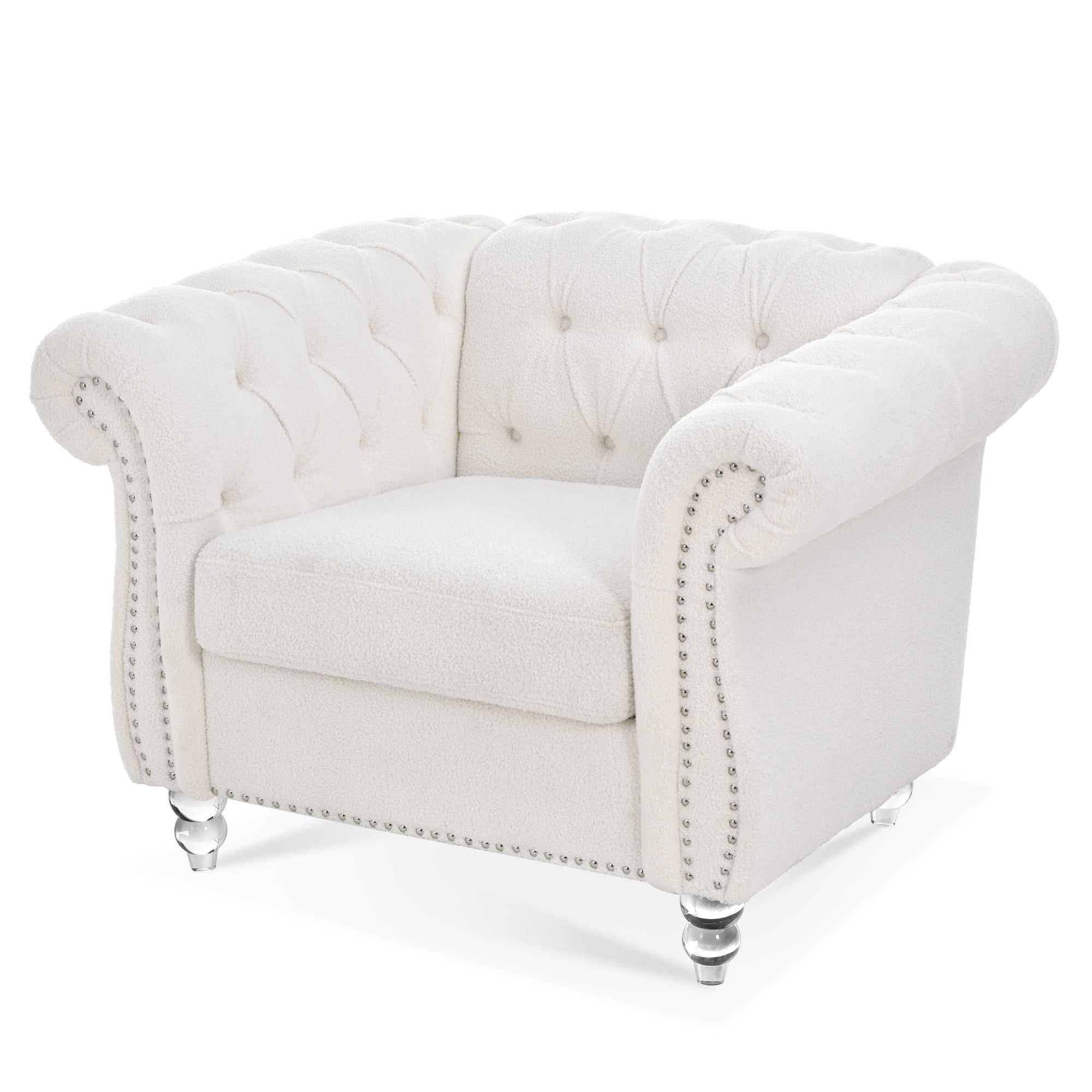 Modern Teddy Velvet 1 Seater Sofa for Living Room, White, Acrylic Legs, 38.98'W x 32.09'D x 28.35'H - Grand Goldman Shop