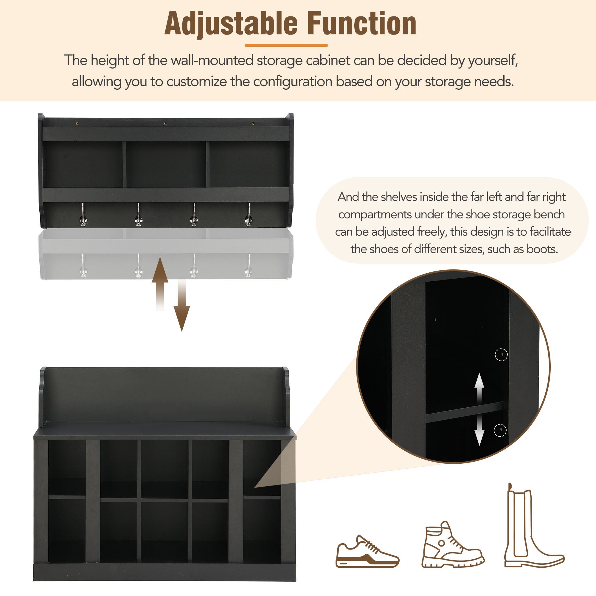 ON-TREND Shoe Storage Bench with Shelves and 4 Hooks, Elegant Hall Tree with Wall Mounted Coat Rack, Entryway Organizer For Hallway, Foyer, Mudroom, Black - Grand Goldman Shop