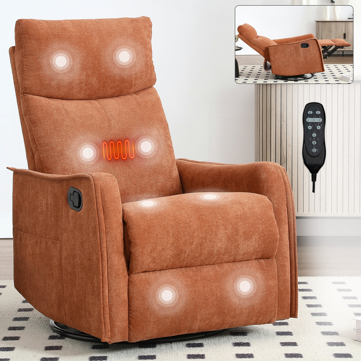 Heat Massage Manual Recliner Chair with Rocker and Swivel in Fabric for Living Room, Orange - Grand Goldman Shop