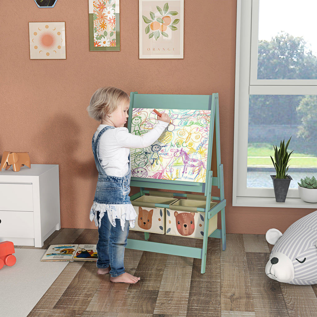 Qaba Art Easel for Kids with Paper Roll, 3 in 1 Toddler Painting Easel with Blackboard, Whiteboard, Storage Baskets, Green | 