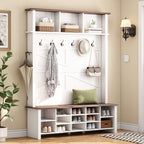 Farmhouse 4-in-1 Hall Tree with 6 Hooks, Walnut Entryway Bench with Shelves,  Wooden Style Rustic Shoe Organizer with 16 Open Compartments for Mudroom, Living Room, White (OLD SKU: N721P264915K) - Grand Goldman Shop