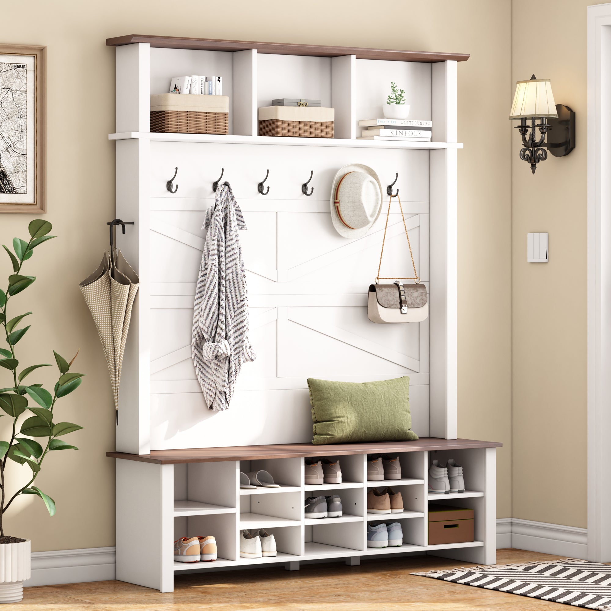 Farmhouse 4-in-1 Hall Tree with 6 Hooks, Walnut Entryway Bench with Shelves,  Wooden Style Rustic Shoe Organizer with 16 Open Compartments for Mudroom, Living Room, White (OLD SKU: N721P264915K) - Grand Goldman Shop
