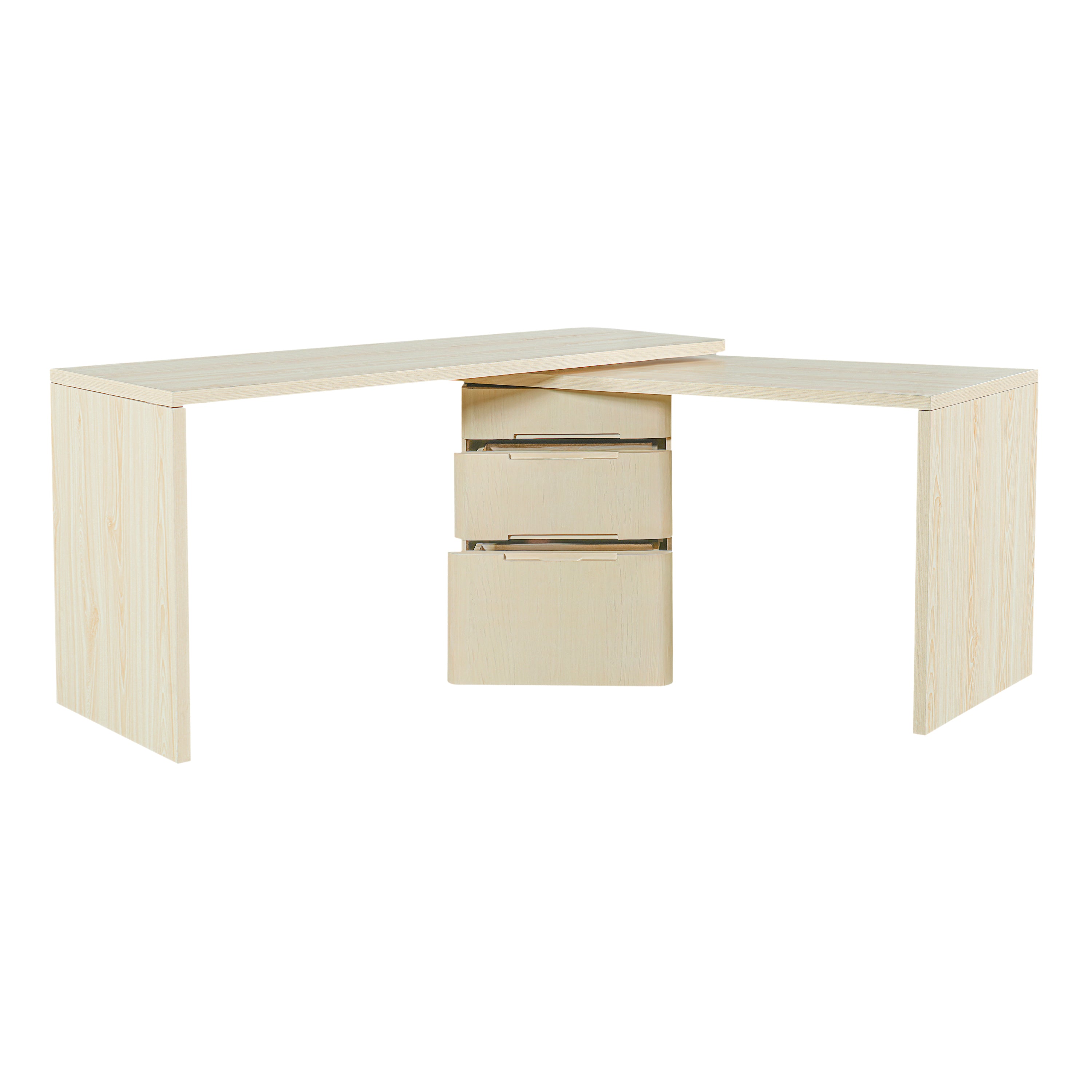 90' Modern L Shaped Desk in Natural Wood with 3 Drawers,360° Wood Rotating Desk,Executive Office Desk,Corner Desk,Office Stud