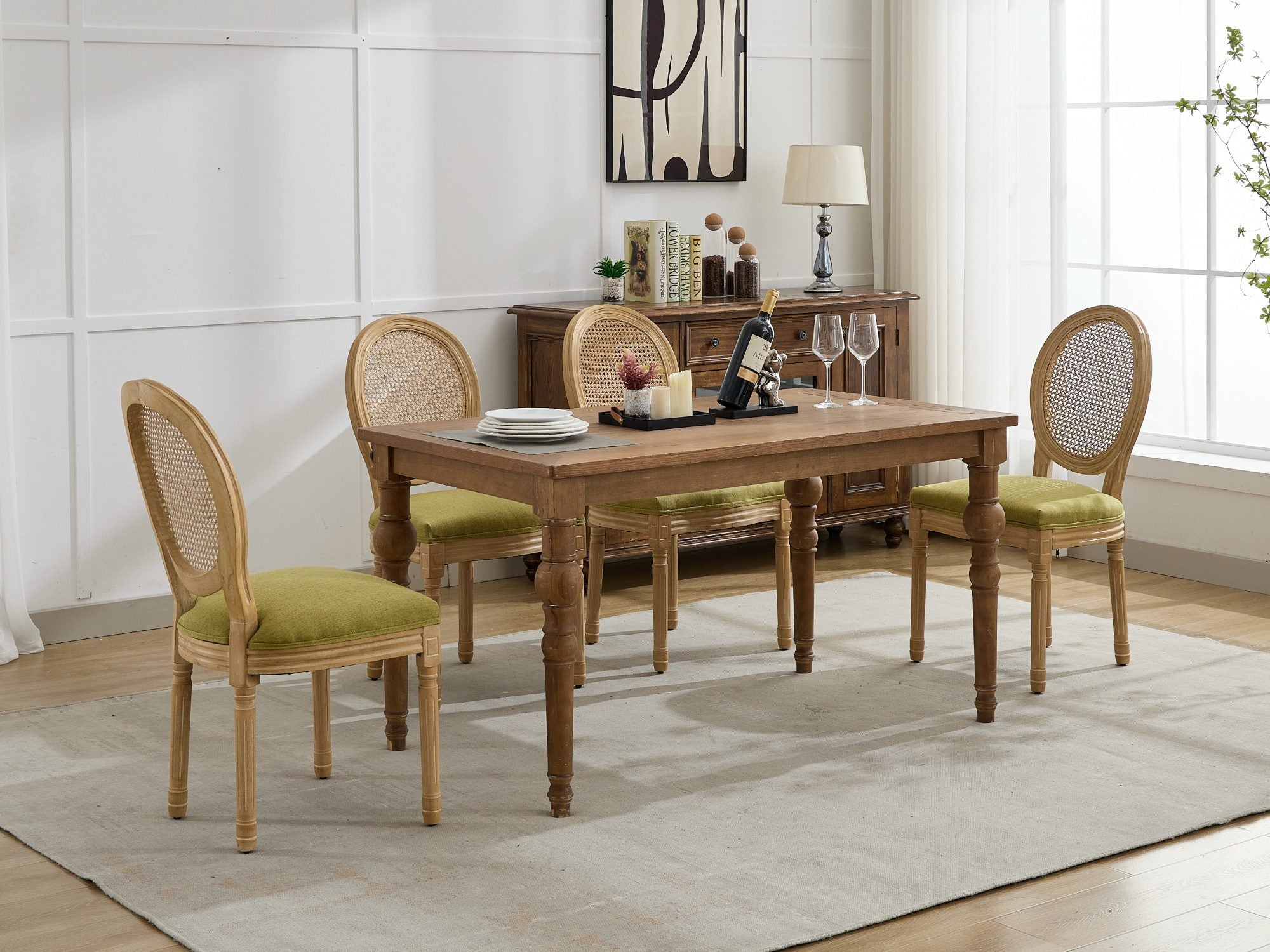 A&A Furniture,French Style Solid Wood Frame Antique Painting Linen Fabric Rattan Back Dining Chair,Set of 2,Olive-Green - Grand Goldman Shop