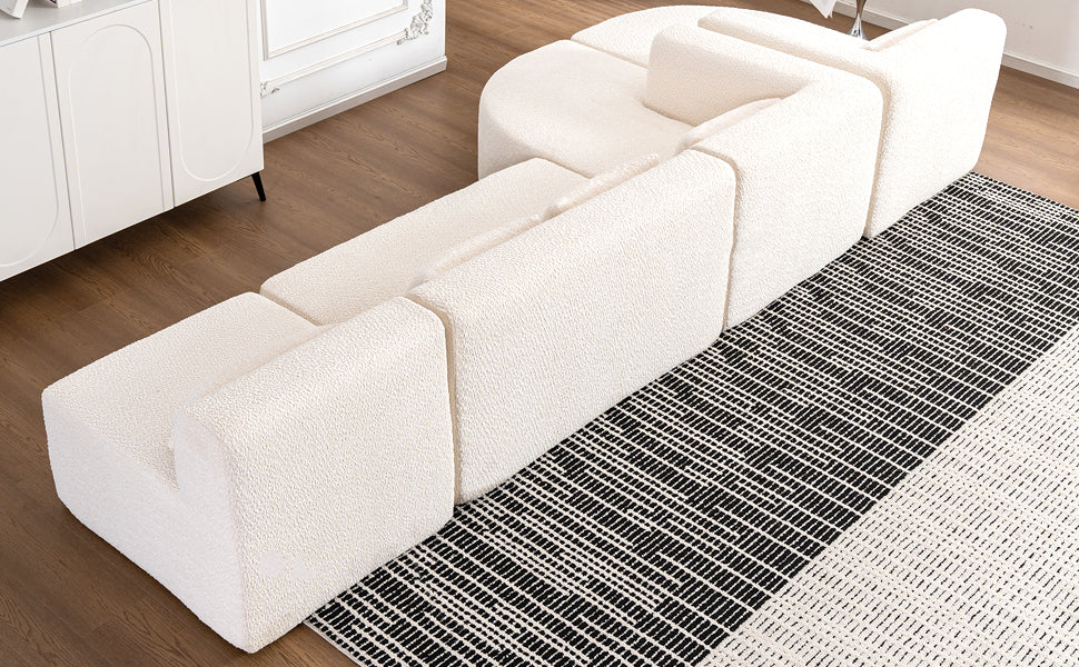Modern Upholstered L-Shape Sofa with Chaise Lounge and Back Pillows, Beige Boucle Fabric, 144 inches - Grand Goldman Shop