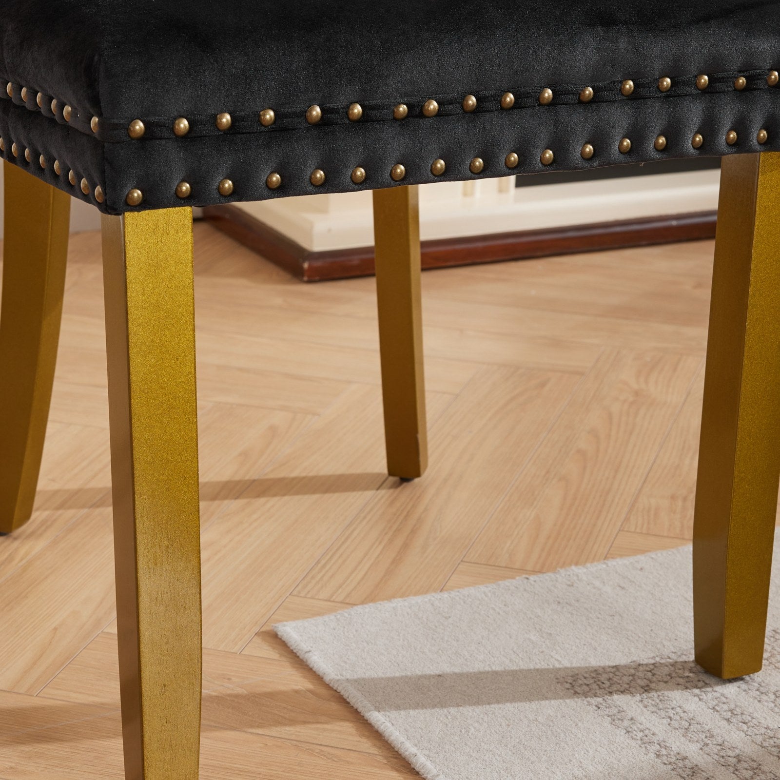 Mid-Century Modern Chairs with Lion Head Pull Ring,High-end Tufted Solid Wood Contemporary Velvet Upholstered Dining Chair with Golden Wooden Legs Nailhead Trim 2-Pcs Set,Black,SW1201BK - Grand Goldman Shop