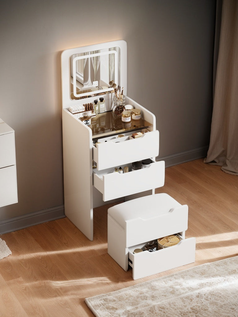 ( 48CM ) 3 in 1 Vanity Desk with Plip Top Mirror, Small Make Up Vanity Set with Visible Glass Desktop, Compact Makeup Vanity with 3 Drawers, Dressing Table for Bedroom ( WHITE COLOR ) - Grand Goldman Shop