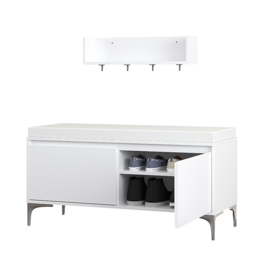 Modern White Wall-Mounted Entryway Shelf with Hooks and Storage Bench Set, Off White Metal & Wood, 39.37 x 15.75 x 19.49 inches - Grand Goldman Shop