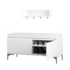 Modern White Wall-Mounted Entryway Shelf with Hooks and Storage Bench Set, Off White Metal & Wood, 39.37 x 15.75 x 19.49 inches - Grand Goldman Shop