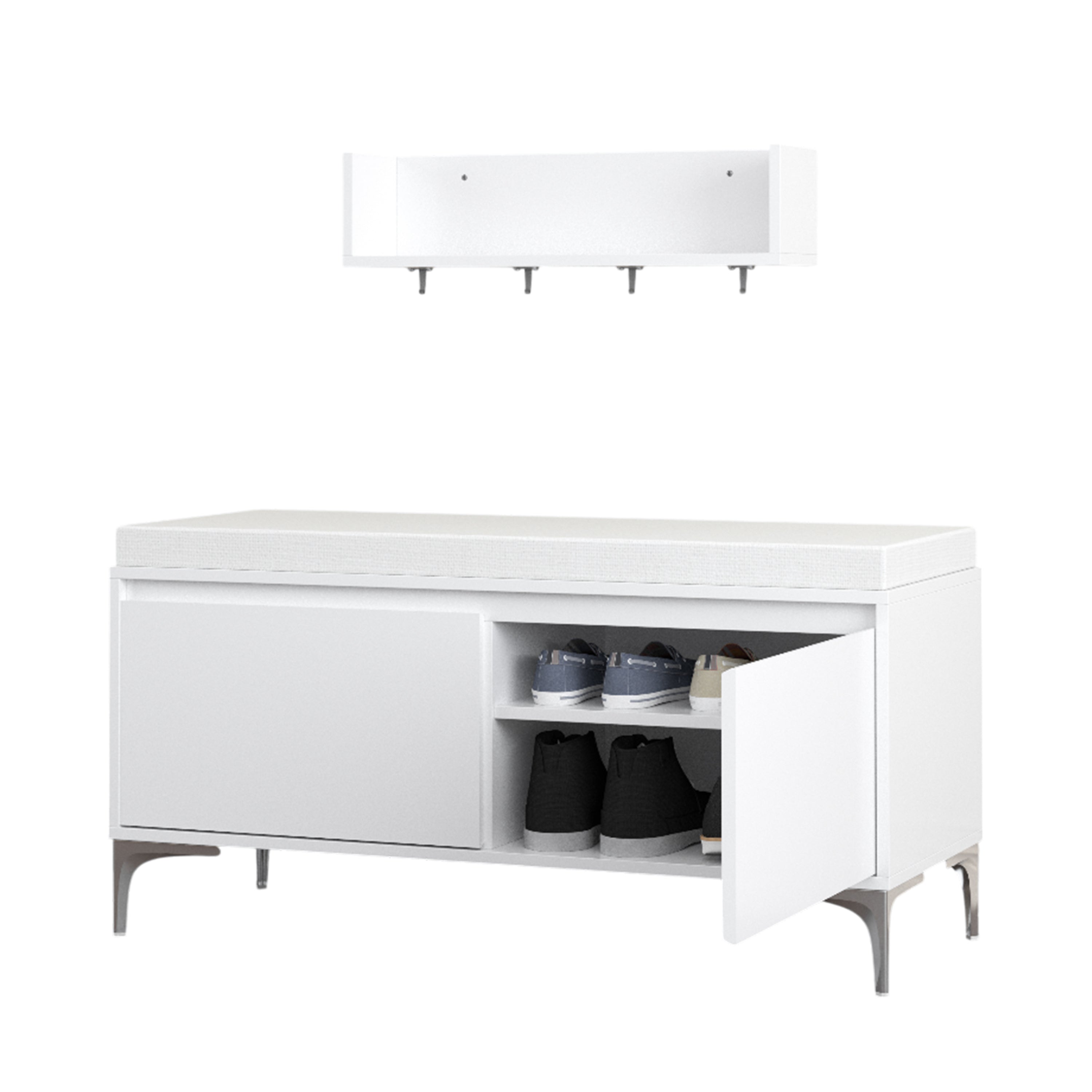 Modern White Wall-Mounted Entryway Shelf with Hooks and Storage Bench Set, Off White Metal & Wood, 39.37 x 15.75 x 19.49 inches - Grand Goldman Shop