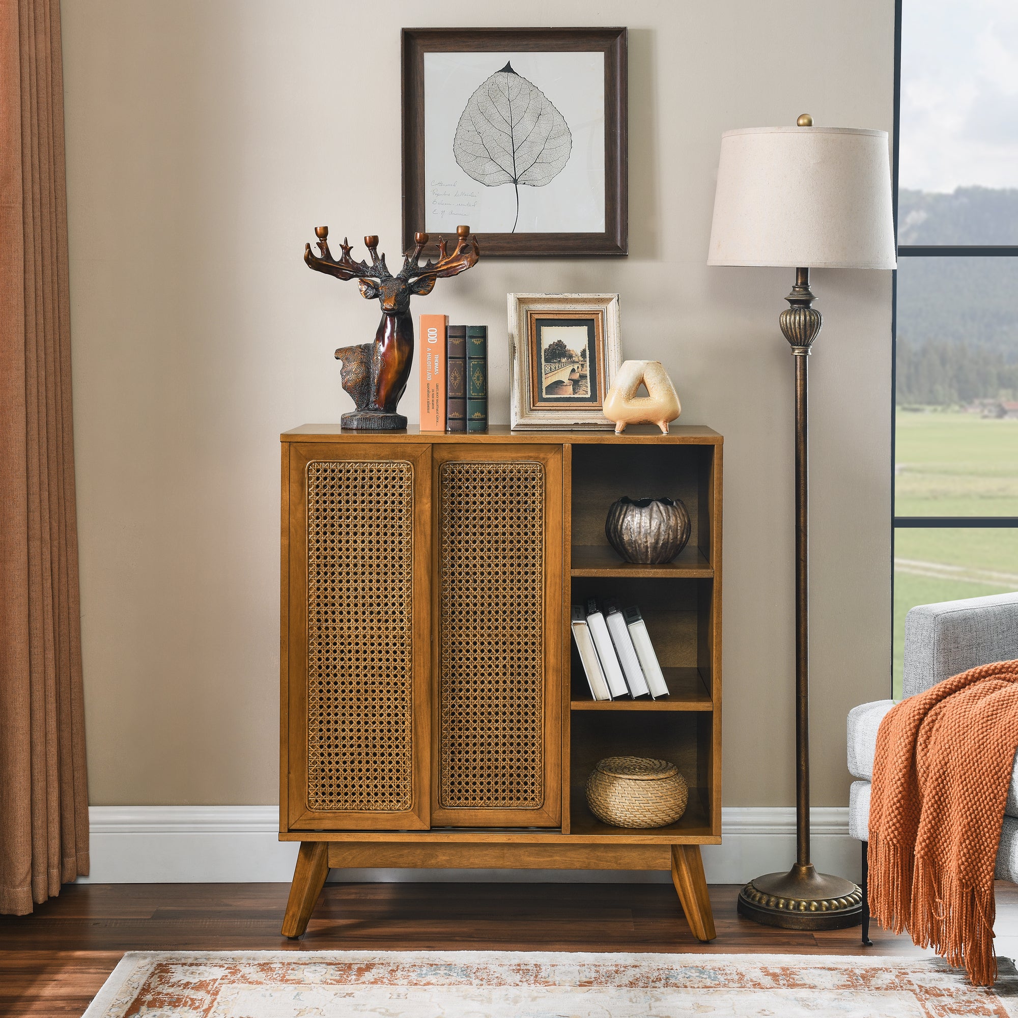 Mid Century Modern Rattan Sideboard Cabinet, Buffet Cabinet for Entryway Hallway Living Room Kitchen Dining Room, Adjustable Shelf & Solid Wood Feet & Rattan Cabinet Doors - Light Wood - Grand Goldman Shop