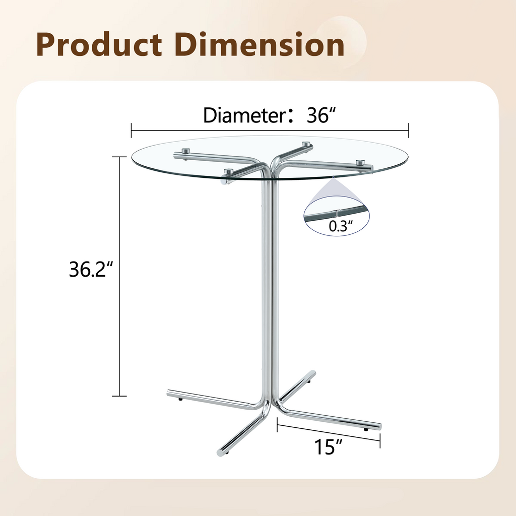 Round glass bar high table, 36 inch round bar table, tempered glass tabletop, sturdy silver chrome plated four column support, suitable for transparent round bar tables in small spaces, kitchens - Grand Goldman Shop