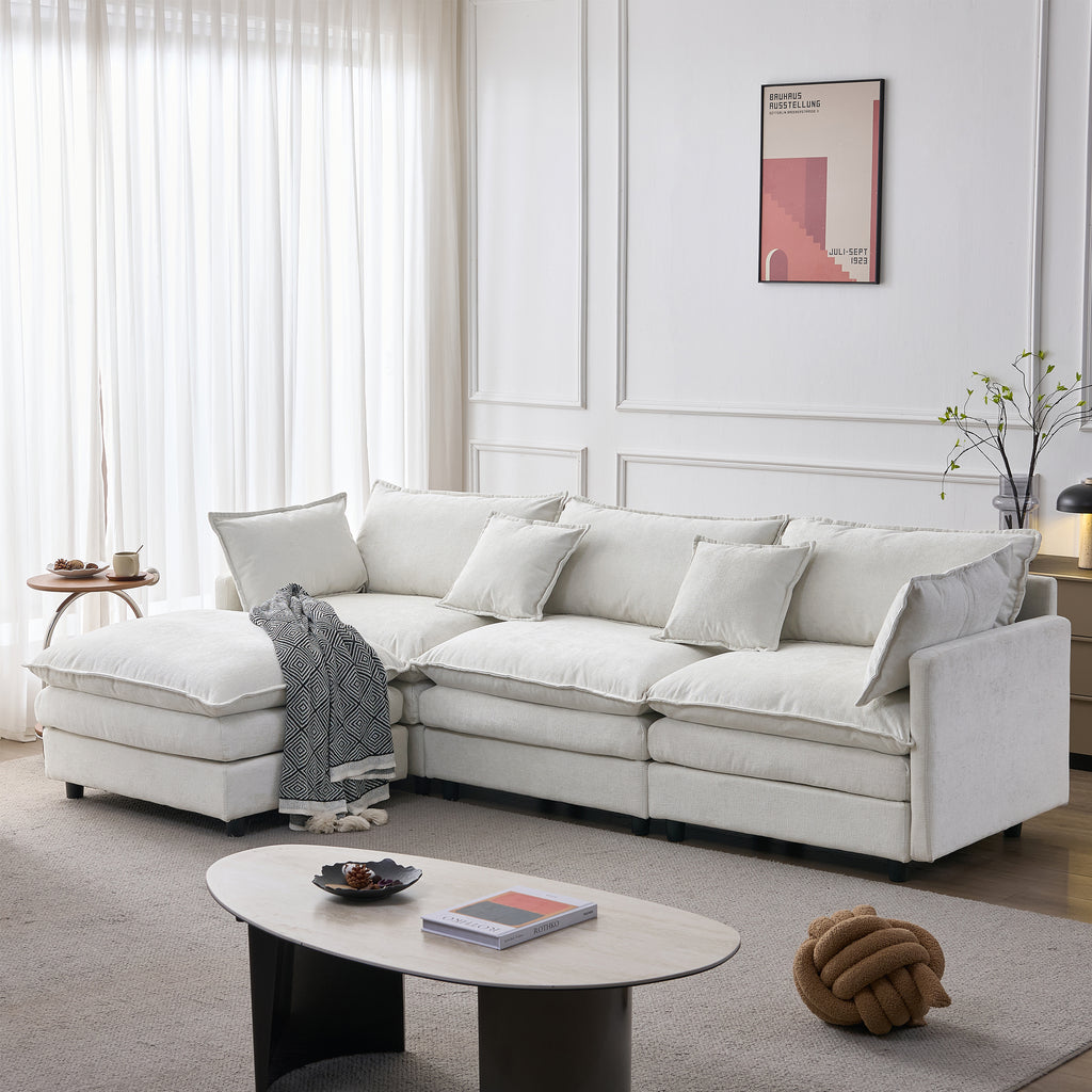105' Modular Sectional Couch,Upholstered Soft Chenille Fabric Sofa,3 Seater with Ottoman L Shape Sofa Beige - Grand Goldman Shop