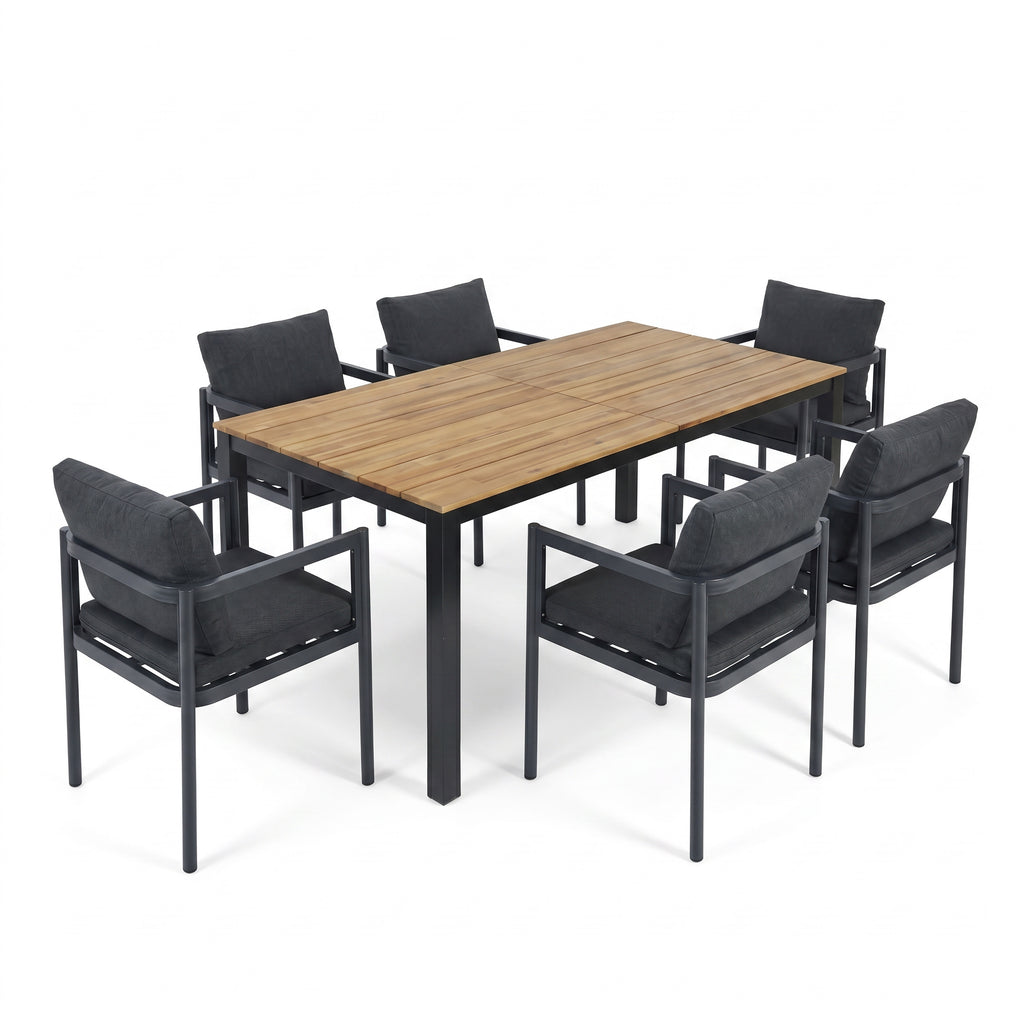 7-Piece Outdoor Dining Set with Acacia Wood Table and 6 Grey Aluminum Chairs, Weather-Resistant Patio Furniture in Grey and Teak Finish