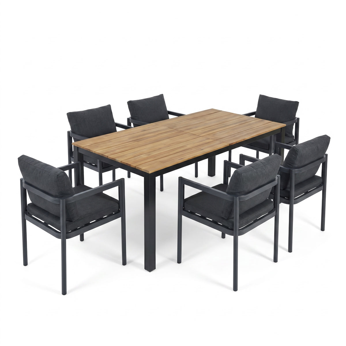 7-Piece Outdoor Dining Set with Acacia Wood Table and 6 Grey Aluminum Chairs, Weather-Resistant Patio Furniture in Grey and Teak Finish