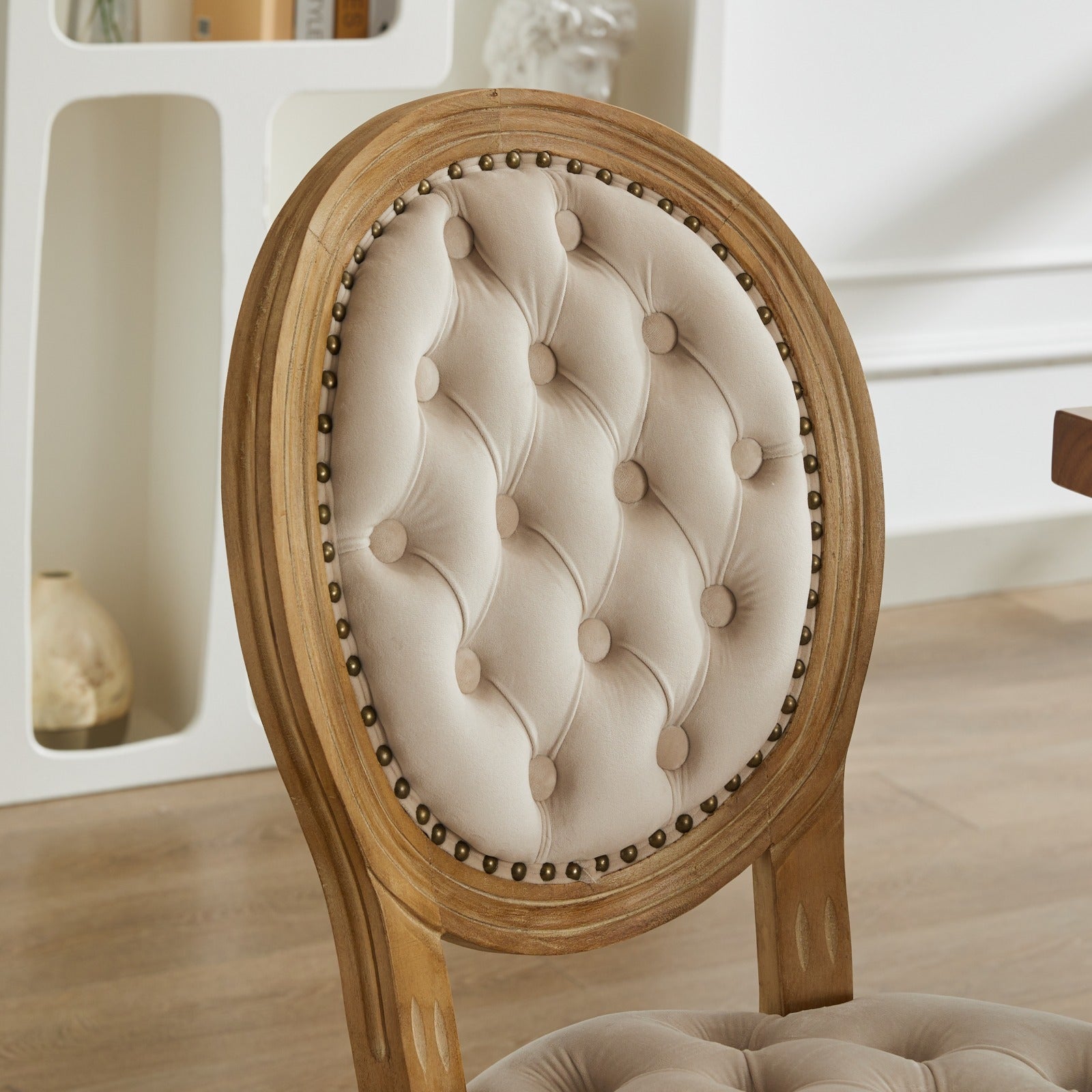 French Style Solid Wood Frame Antique Painting,Hand-pulled buckle decoration Velvet artificial leather Dining Chair with Nailhead Trim ,Wood Legs,Steel Spring inner,Set of 2,Beige,SW1739BG - Grand Goldman Shop
