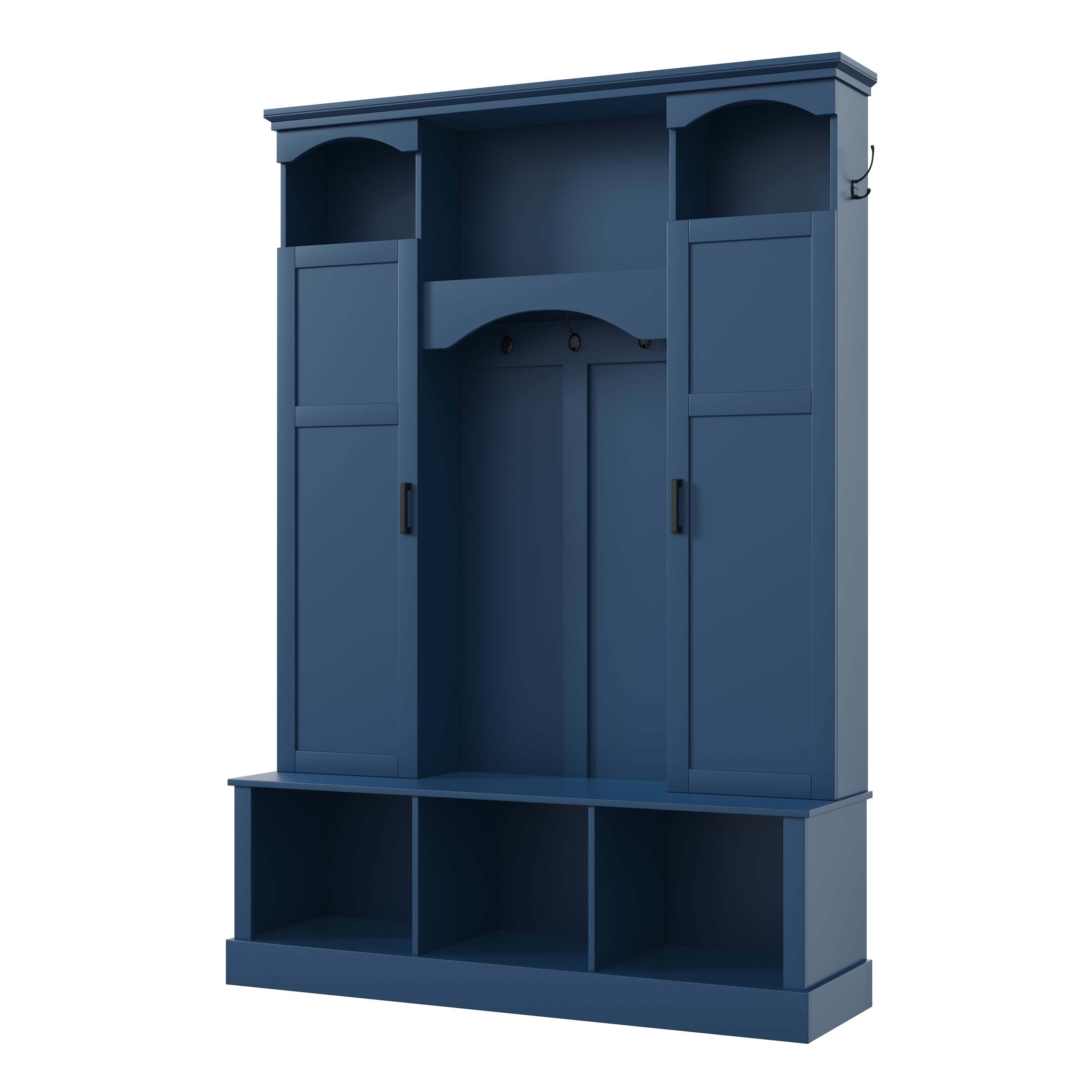 ON-TREND Modern All-in-One Hall Tree with Adjustable Shelves, Classic Arched Farmhouse Storage Bench with Dual Side Cabinets, Elegant Entryway Organizer with 7 Hooks for Mudroom, Hallway, Blue - Grand Goldman Shop