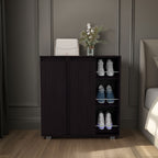 Gitano Shoe Storage Cabinet, 2 Doors, 8  Enclosed Shelves, 3 Open Side Shelves, Freestanding Design, Entryway or Bedroom Use, Wenge - Grand Goldman Shop