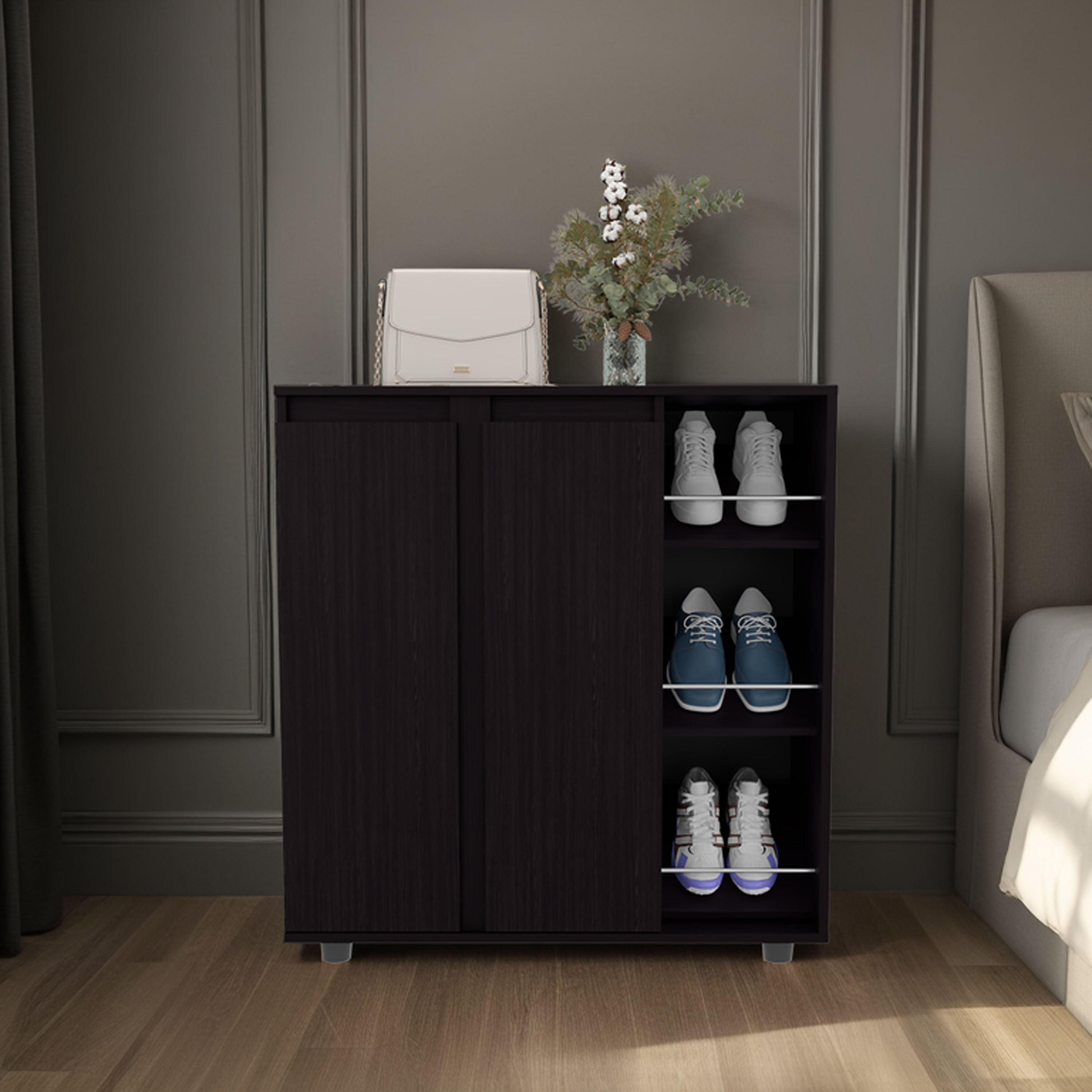 Gitano Shoe Storage Cabinet, 2 Doors, 8  Enclosed Shelves, 3 Open Side Shelves, Freestanding Design, Entryway or Bedroom Use, Wenge - Grand Goldman Shop