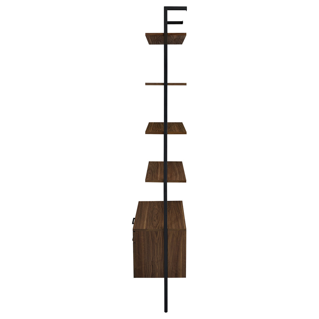 Wendell Walnut 4-Shelf Storage Wall Bookshelf with Drawer - Modern Industrial Style, Walnut Finish, Engineered Wood, 96in H x