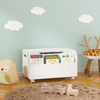 White Wooden Toy Box with 4 Universal Wheels, Kids Playroom Storage Organizer with Front Bookshelf, Flip-Top Lid, Safety Hing