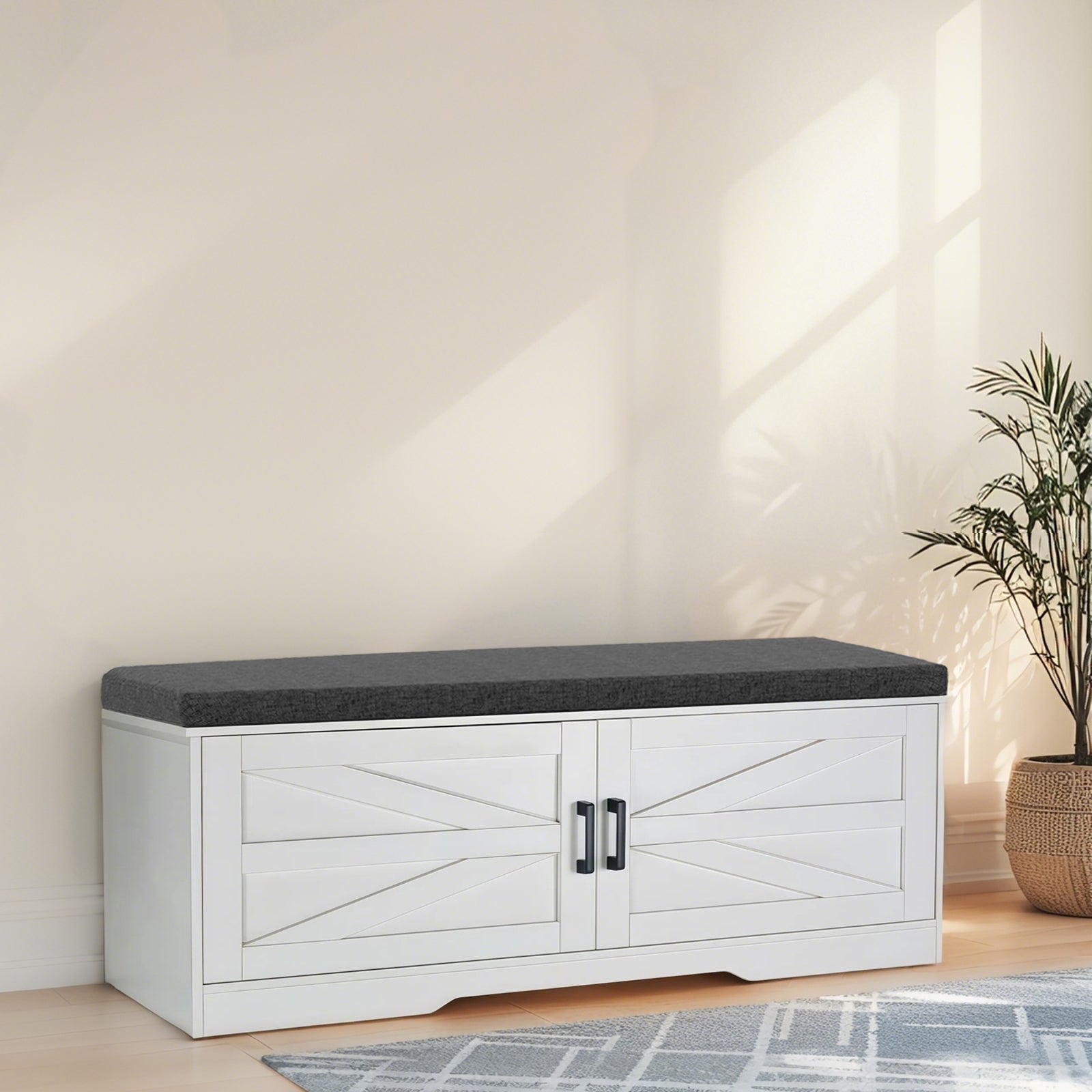 2 Tier Shoe Bench with Padded Seat, 2 Barn Doors and Adjustable Shelves, for Entryway and Living Room, White MDF - Grand Goldman Shop