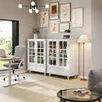 Minimalist White Buffet Cabinet with Double Glass Doors and Drawer, Modern Wooden Storage Sideboard Cupboard for Living room, Dining Room Hallway Entryway - Grand Goldman Shop