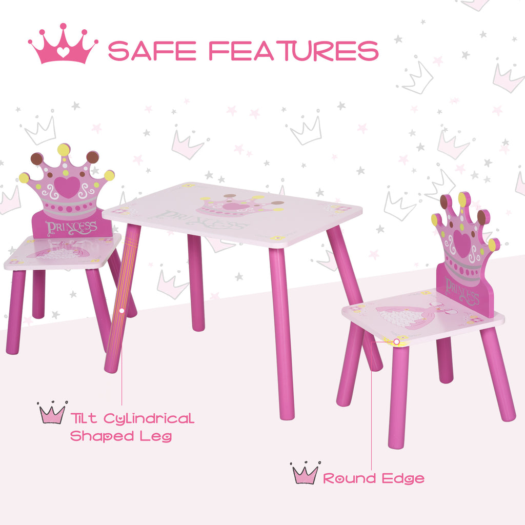 Qaba 3-Piece Kids Wooden Table and Chair Set with Crown Pattern Gift for Girls Toddlers Arts Reading Writing Age 2-4 Years Pi