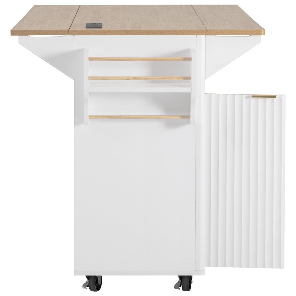 K&K 55.5' Fluted Kitchen Island with 2 Drop Leaf, Kitchen Storage Cart with Power Outlet, 4 Doors, Spice rack, Rolling Island Table with Wood-grain Top, Curved Edge for Kitchen, Dining Room,White - Grand Goldman Shop