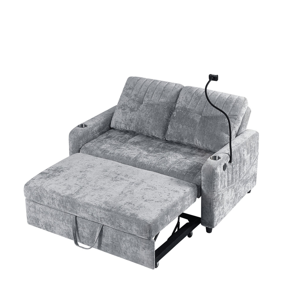 Modern Loveseat Pull-out Sofa Bed with Adjustable Backrest, Cup Holders, Phone Holder, Charging Ports, Side Storage Pockets, Grey Chenille - Grand Goldman Shop