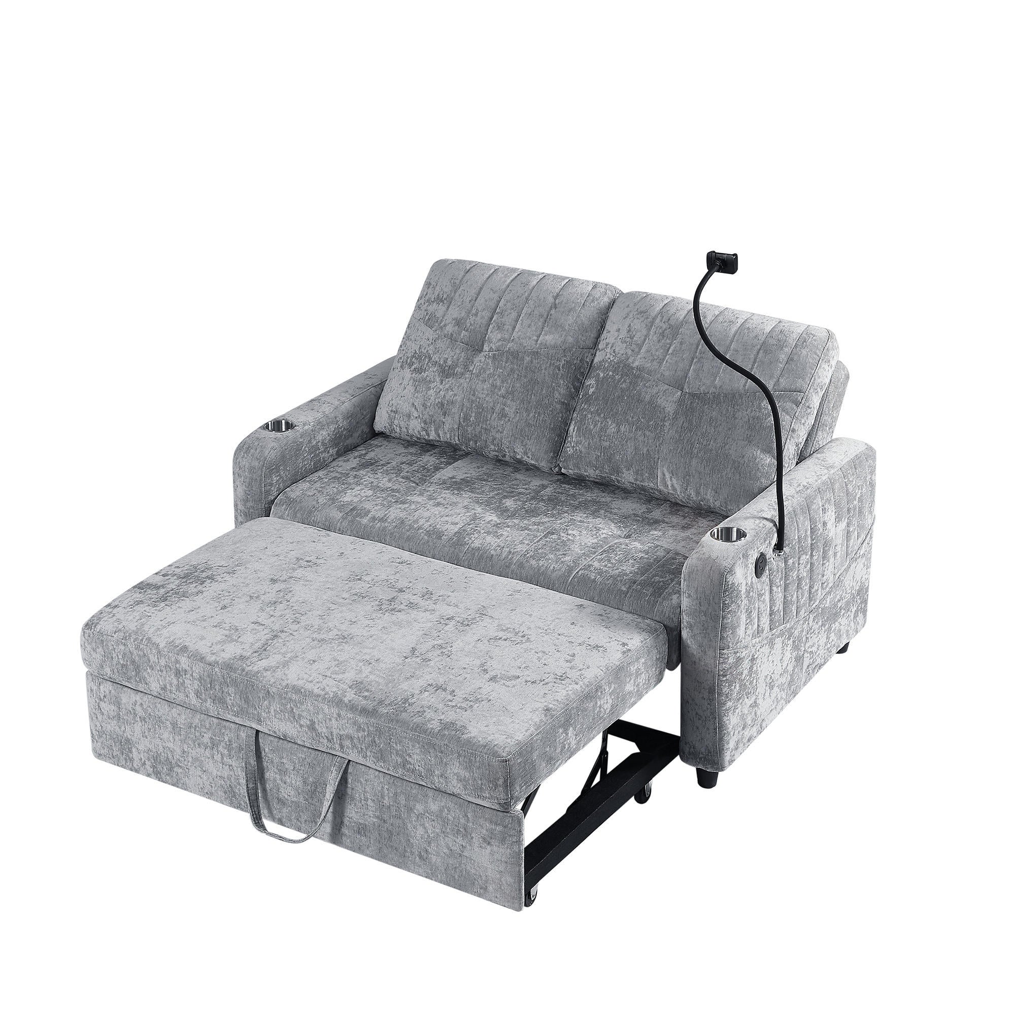 Modern Loveseat Pull-out Sofa Bed with Adjustable Backrest, Cup Holders, Phone Holder, Charging Ports, Side Storage Pockets, Grey Chenille - Grand Goldman Shop