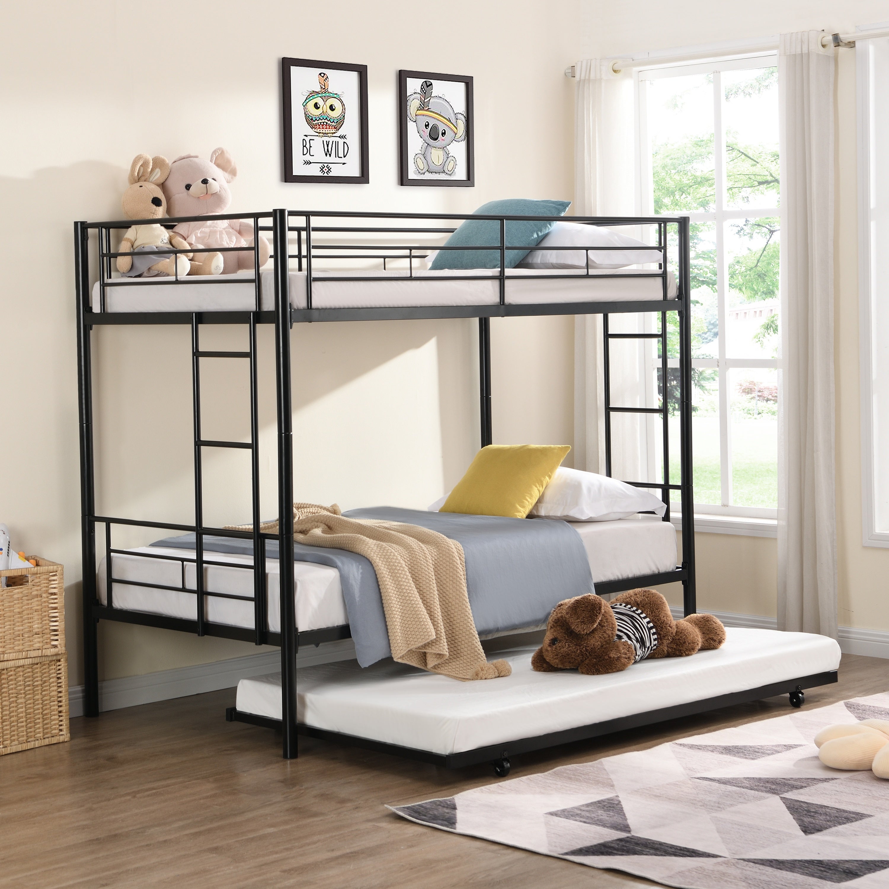 Modern Twin Over Twin Metal Bunk Bed with Trundle Black Durable Space-Saving Design - Grand Goldman Shop