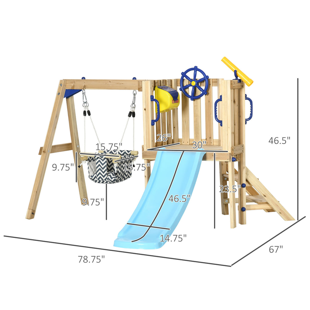 Outsunny 3 in 1 Wooden Swing Set Outdoor Playset with Baby Swing Seat, Toddler Slide, Captain's Wheel, Telescope, Kids Backya