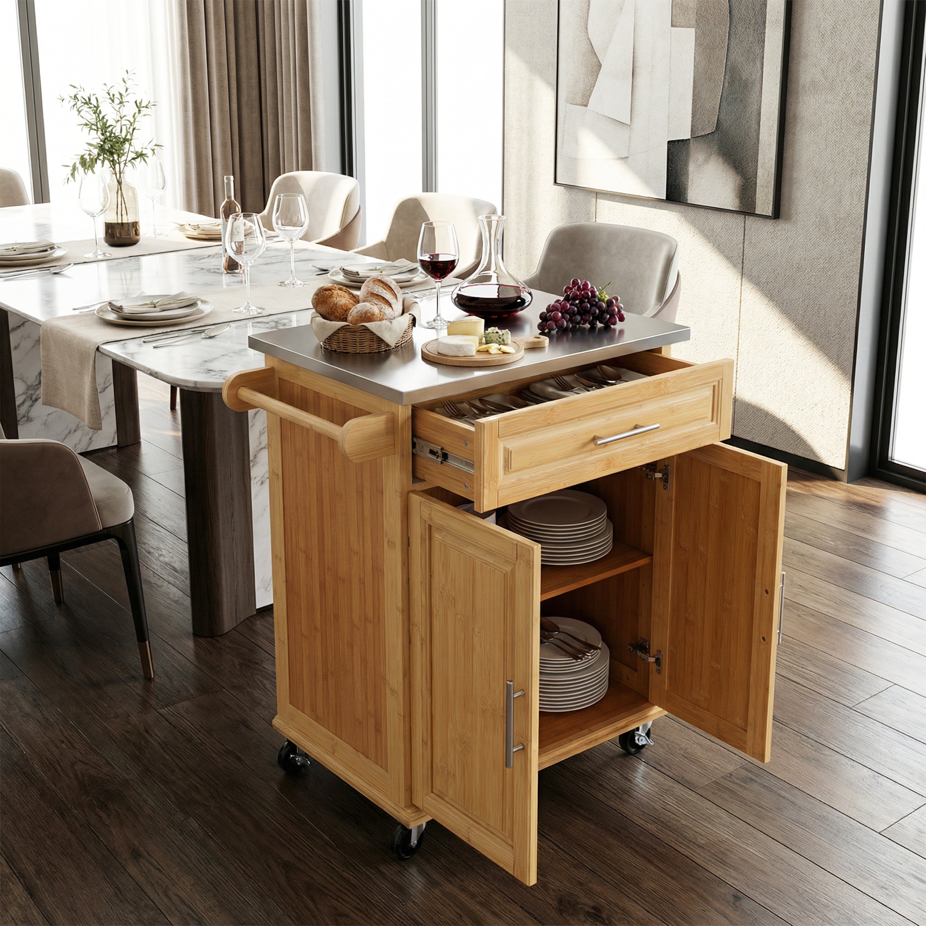 Indoor Compact Bamboo Rolling Kitchen Cart with Stainless Steel Top – Mobile Storage Island with Drawer & Cabinet for Small Spaces - Grand Goldman Shop