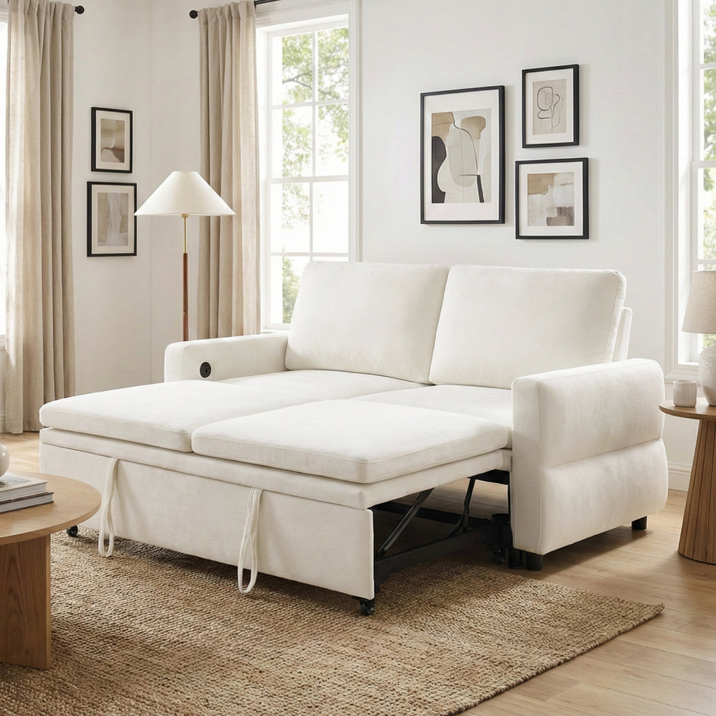 Convertible Sofa Bed 62.75' Loveseat with Adjustable Backrest and USB Ports in Beige Chenille Fabric - Grand Goldman Shop