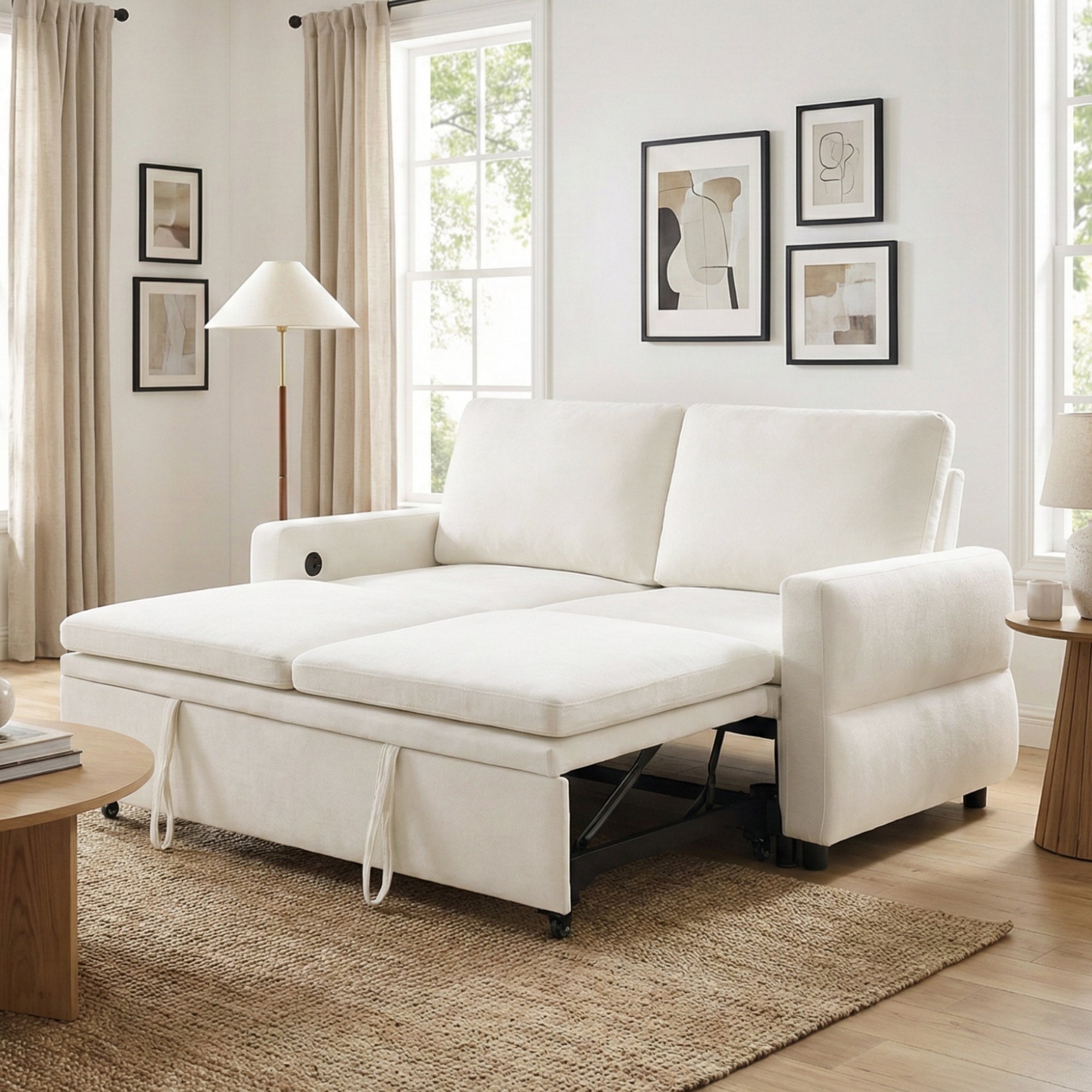 Convertible Sofa Bed 62.75' Loveseat with Adjustable Backrest and USB Ports in Beige Chenille Fabric - Grand Goldman Shop