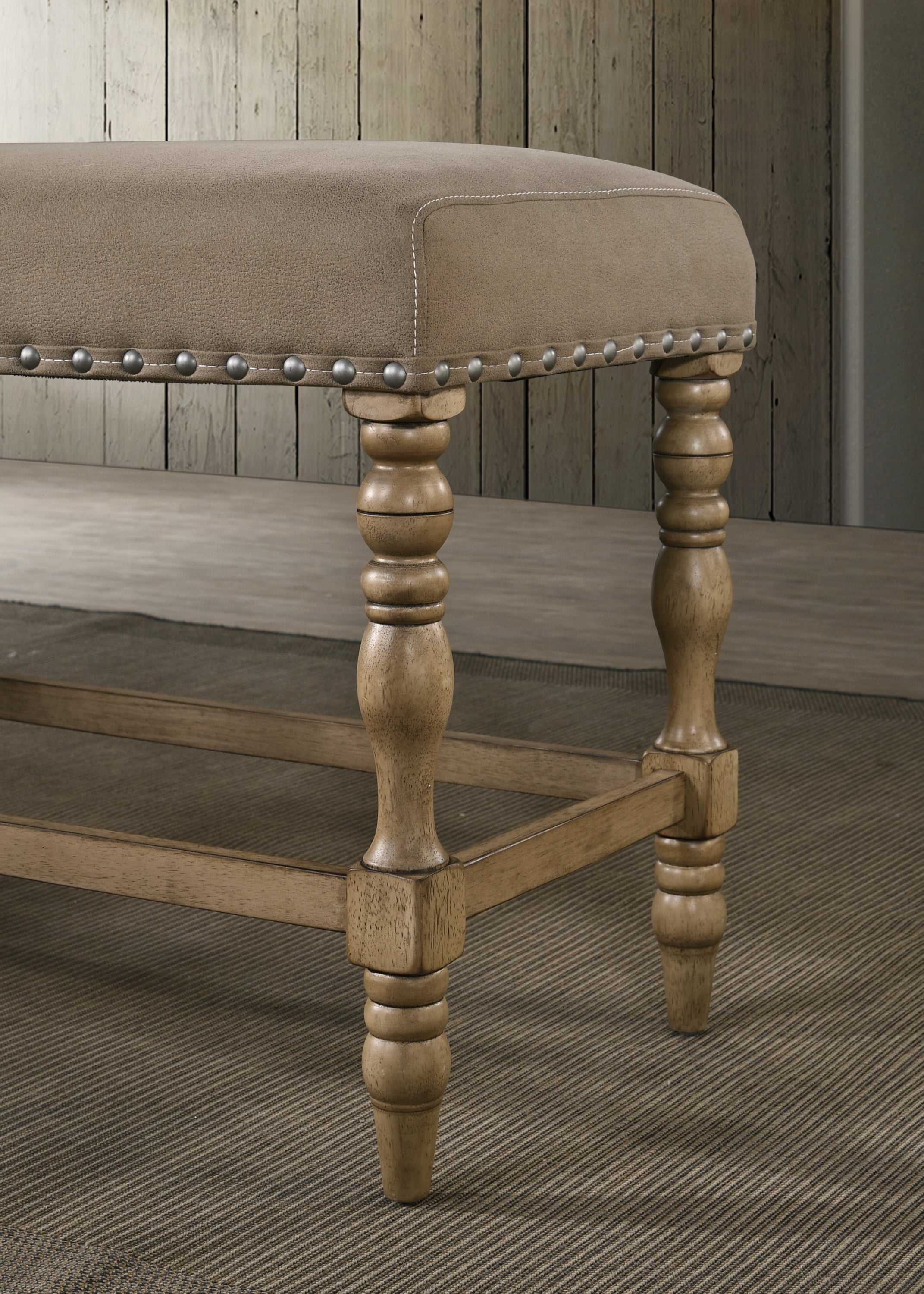 Birmingham Microfiber Upholstered Counter Height Bench with Nail Head Trim in Driftwood Finish - Grand Goldman Shop