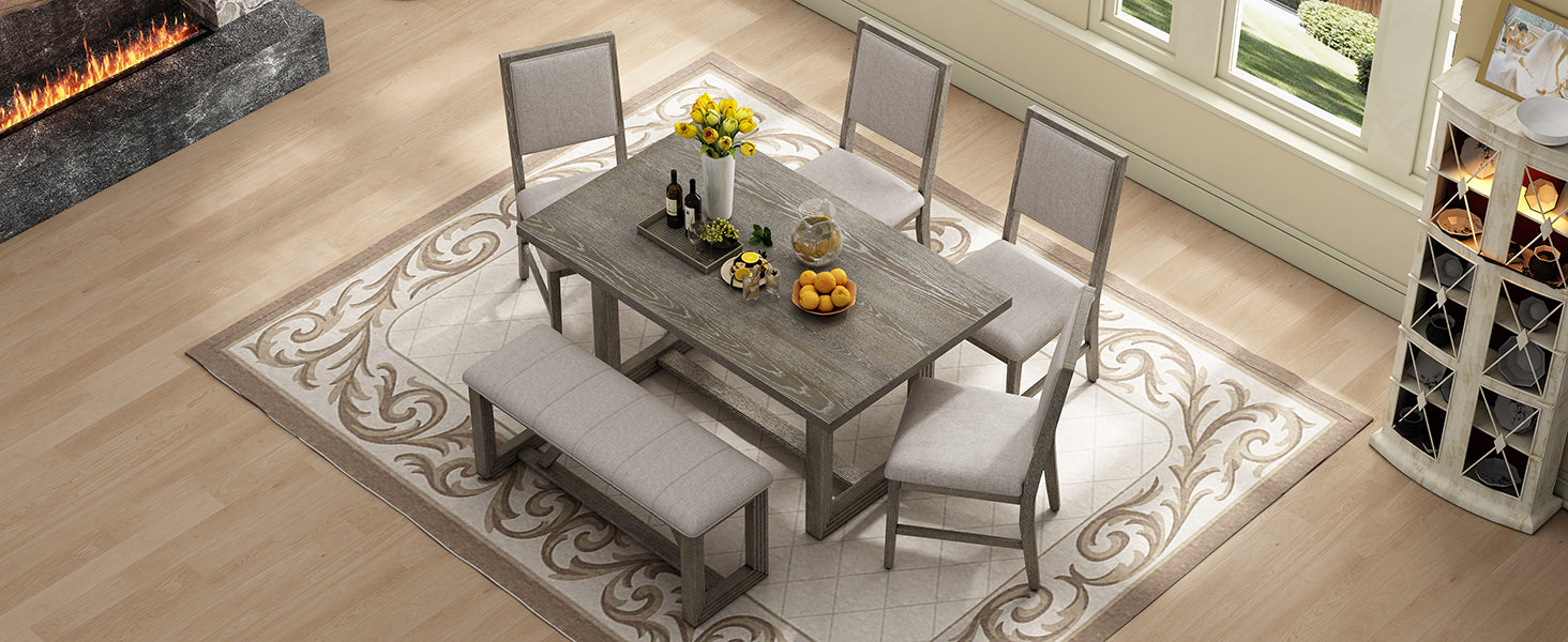 TREXM 6-Piece Retro Dining Table Set for 6, 60' Wood Kitchen Table and Chairs Set of 4 with Bench Designed Trestle Base for kitchen & Dining Room (Gray) - Grand Goldman Shop