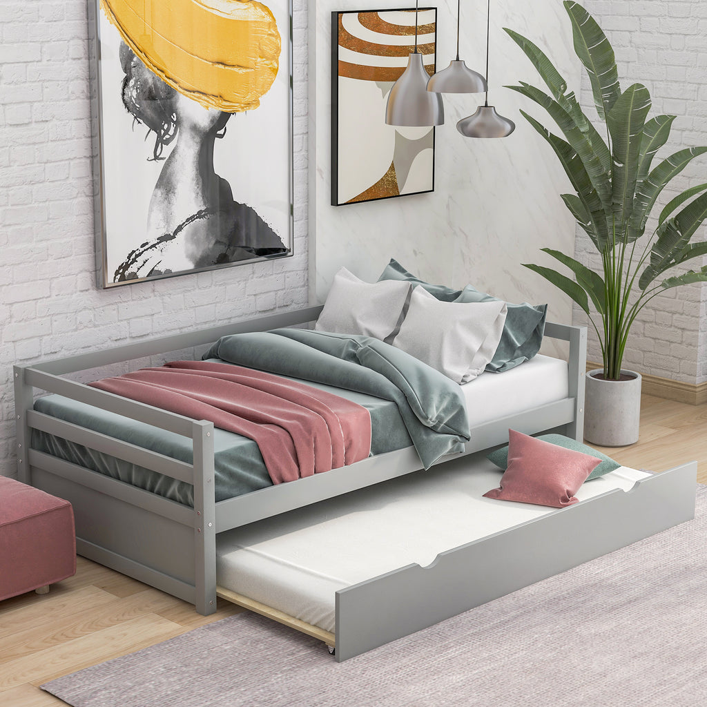 Gray Twin Daybed with Trundle Frame Set, Pine Wood and MDF, 76''L x 41.7''W x 25.9''H - Grand Goldman Shop