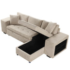 Modern L-Shape 3 Seat Reversible Sectional Couch with Pull Out Sleeper, Storage Chaise & 2 Stools, Cream, Linen Chenille - Grand Goldman Shop