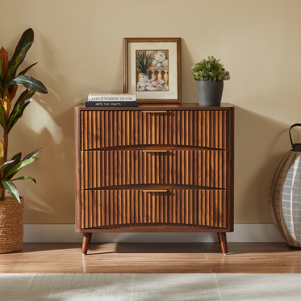Fluted 3 Drawer Dresser Set of 2, Mid-Century Modern Tall Chest of Drawers with Vertical Grooved Design, Solid Wood Storage Cabinet with Metal Handles for Bedroom Living Room, Walnut - Grand Goldman Shop