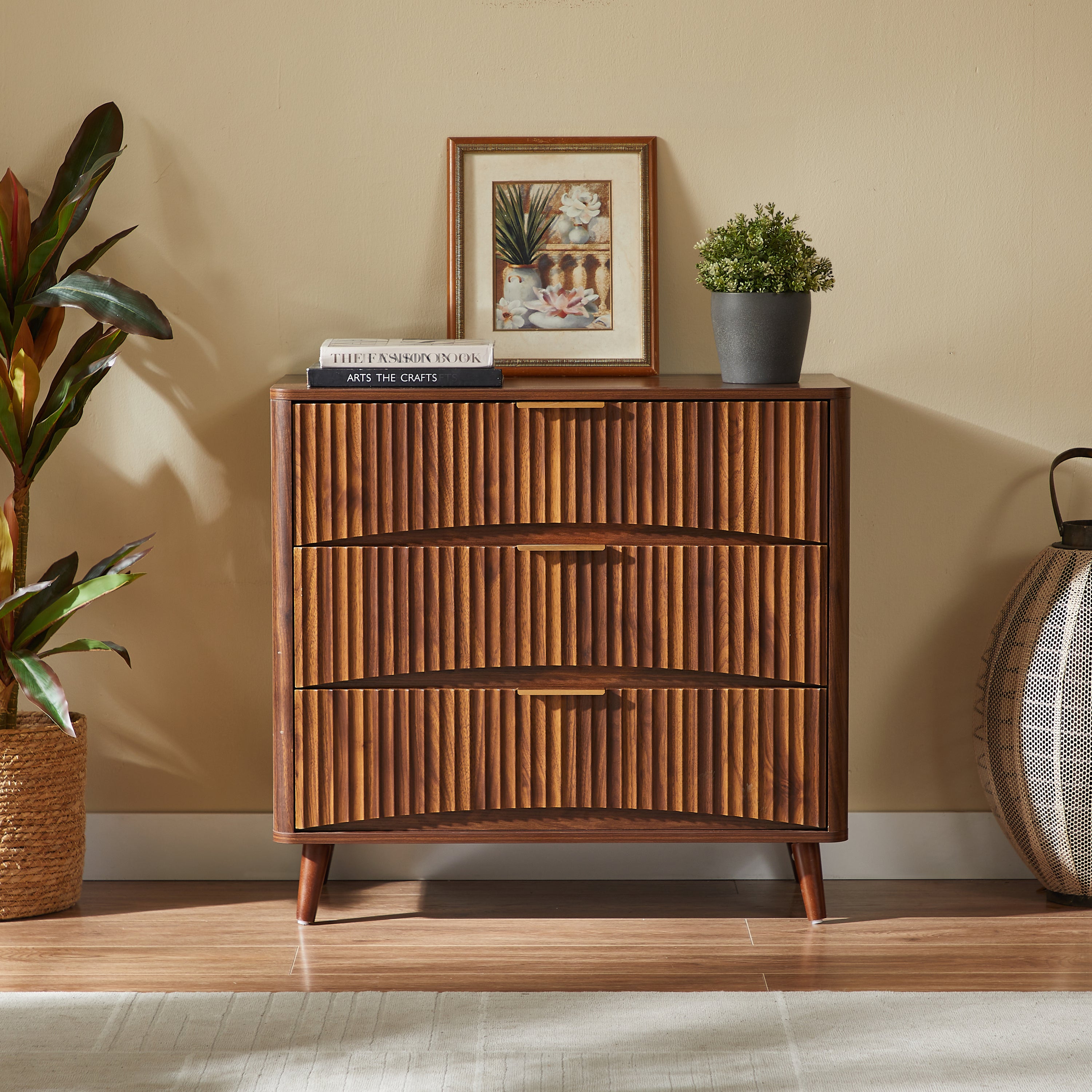 Fluted 3 Drawer Dresser Set of 2, Mid-Century Modern Tall Chest of Drawers with Vertical Grooved Design, Solid Wood Storage Cabinet with Metal Handles for Bedroom Living Room, Walnut - Grand Goldman Shop