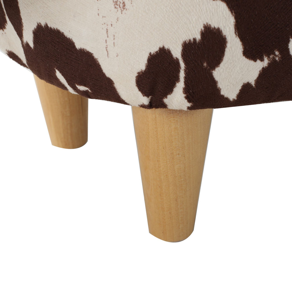 Cow-Shaped Modern Ottoman Footstool in Brown and White Fabric with Velvet Horns, Birch Legs, 25.25 x 14.00 x 16.75 inches - Grand Goldman Shop
