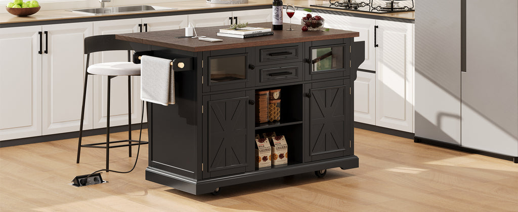 K&K 54.9' Kitchen Island with Drop Leaf, Power Outlet, Kitchen Storage Cart with 4 Door Shelves, Cross Barn Doors & Visual Glass Door, Rolling Kitchen Island on 4 Wheels for Kitchen, Dining Room,Black - Grand Goldman Shop