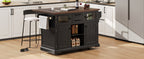 K&K 54.9' Kitchen Island with Drop Leaf, Power Outlet, Kitchen Storage Cart with 4 Door Shelves, Cross Barn Doors & Visual Glass Door, Rolling Kitchen Island on 4 Wheels for Kitchen, Dining Room,Black - Grand Goldman Shop