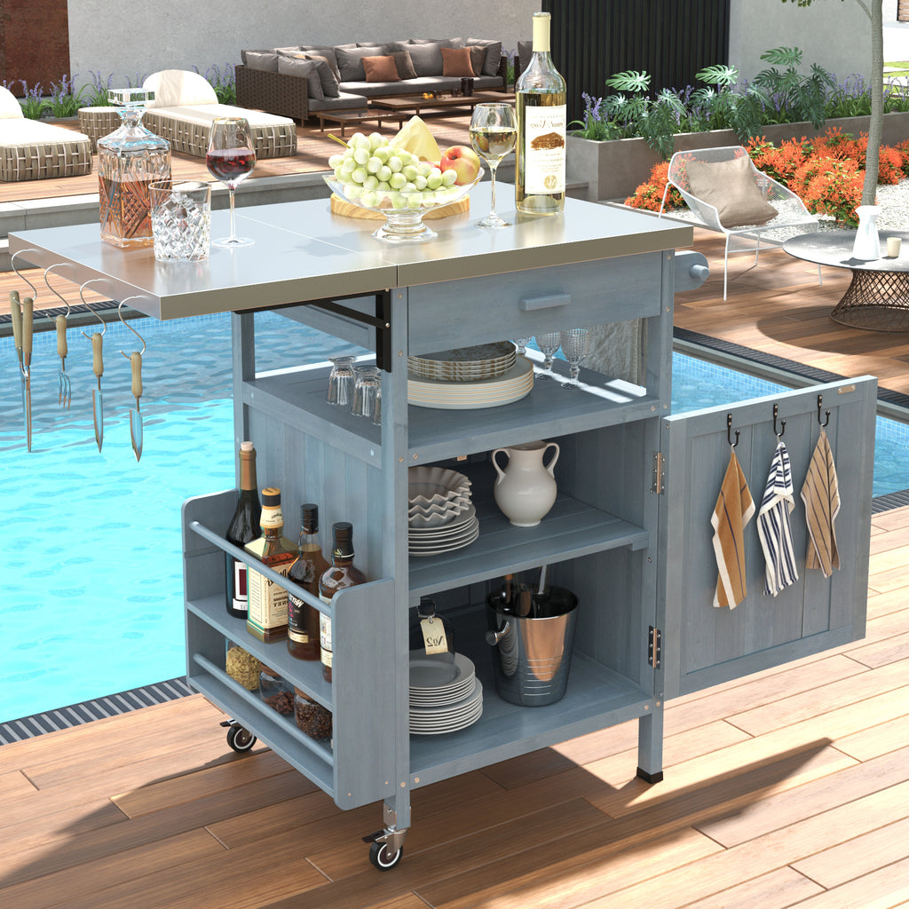 K&K 40.5' Outdoor Grill Cart with Stainless Steel Top, Solid Wood Outdoor Storage Cabinet with Drop Leaf, One Drawer, Towel Rack, Rolling Kitchen Cart with Lockable Wheels for Lawn Garden, Blue Grey - Grand Goldman Shop