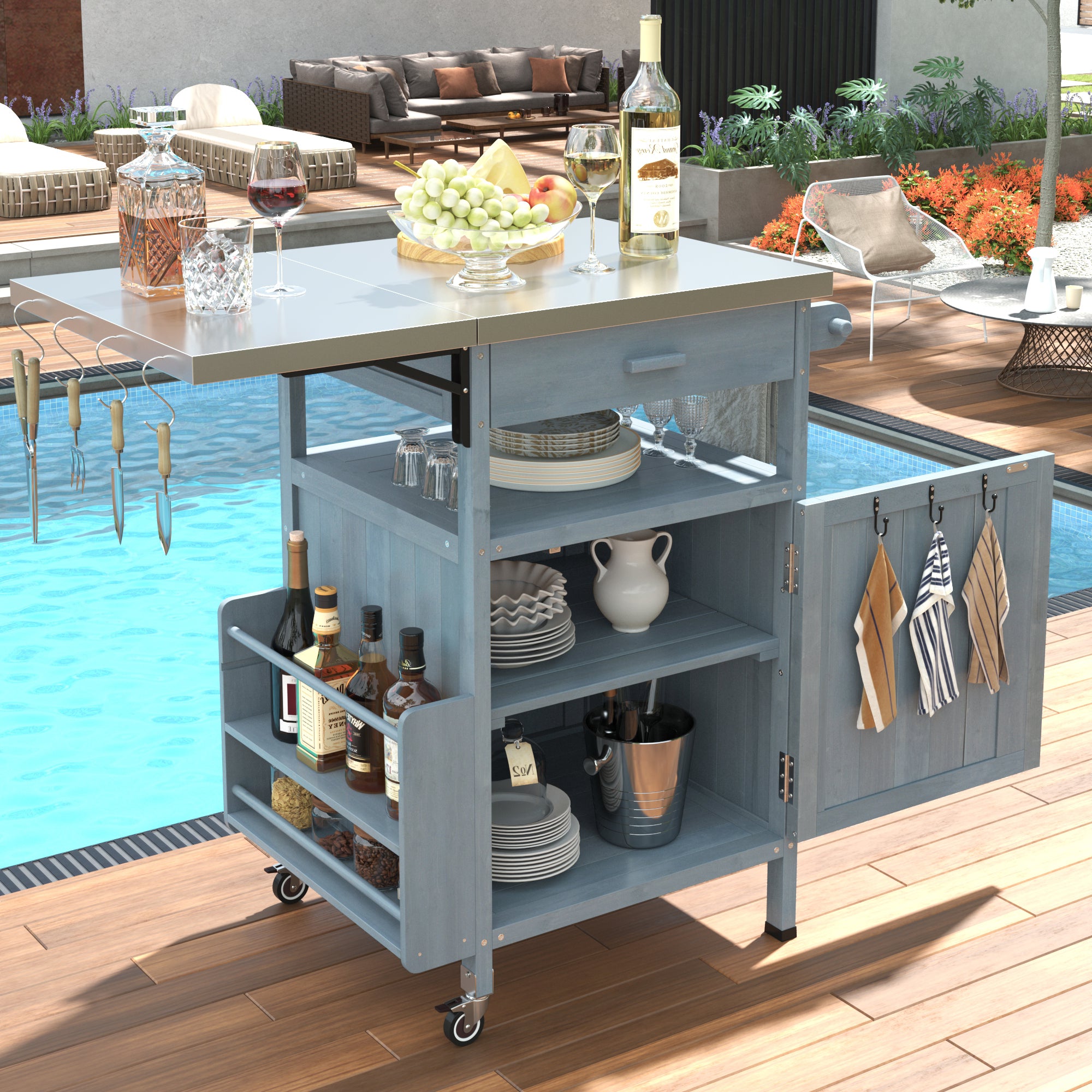 K&K 40.5' Outdoor Grill Cart with Stainless Steel Top, Solid Wood Outdoor Storage Cabinet with Drop Leaf, One Drawer, Towel Rack, Rolling Kitchen Cart with Lockable Wheels for Lawn Garden, Blue Grey - Grand Goldman Shop