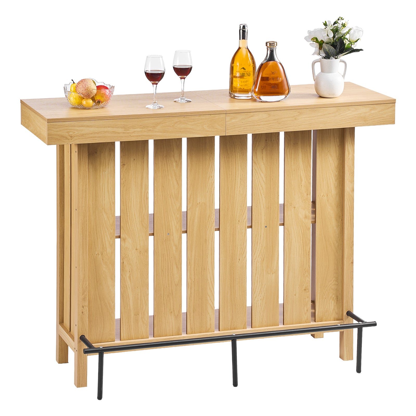 Home Bar Unit, Wine Bar Cabinet Table 3-Tier with Storage Shelves, Opener Storage Box & Adjustable Foot Pads, Black Footrest, Wood & Metal Liquor Cabinet for Home, Basement, Kitchen, Living Room - Grand Goldman Shop