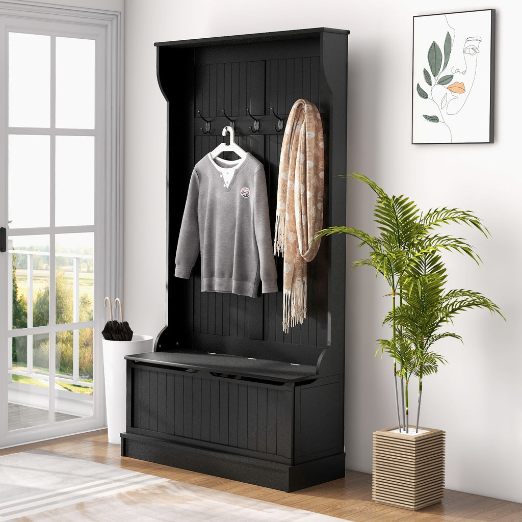 HOMCOM 3-In-1 Entryway Hall Tree with Storage Bench, Coat Rack with Four Hooks and Shoe Storage, Black - Grand Goldman Shop