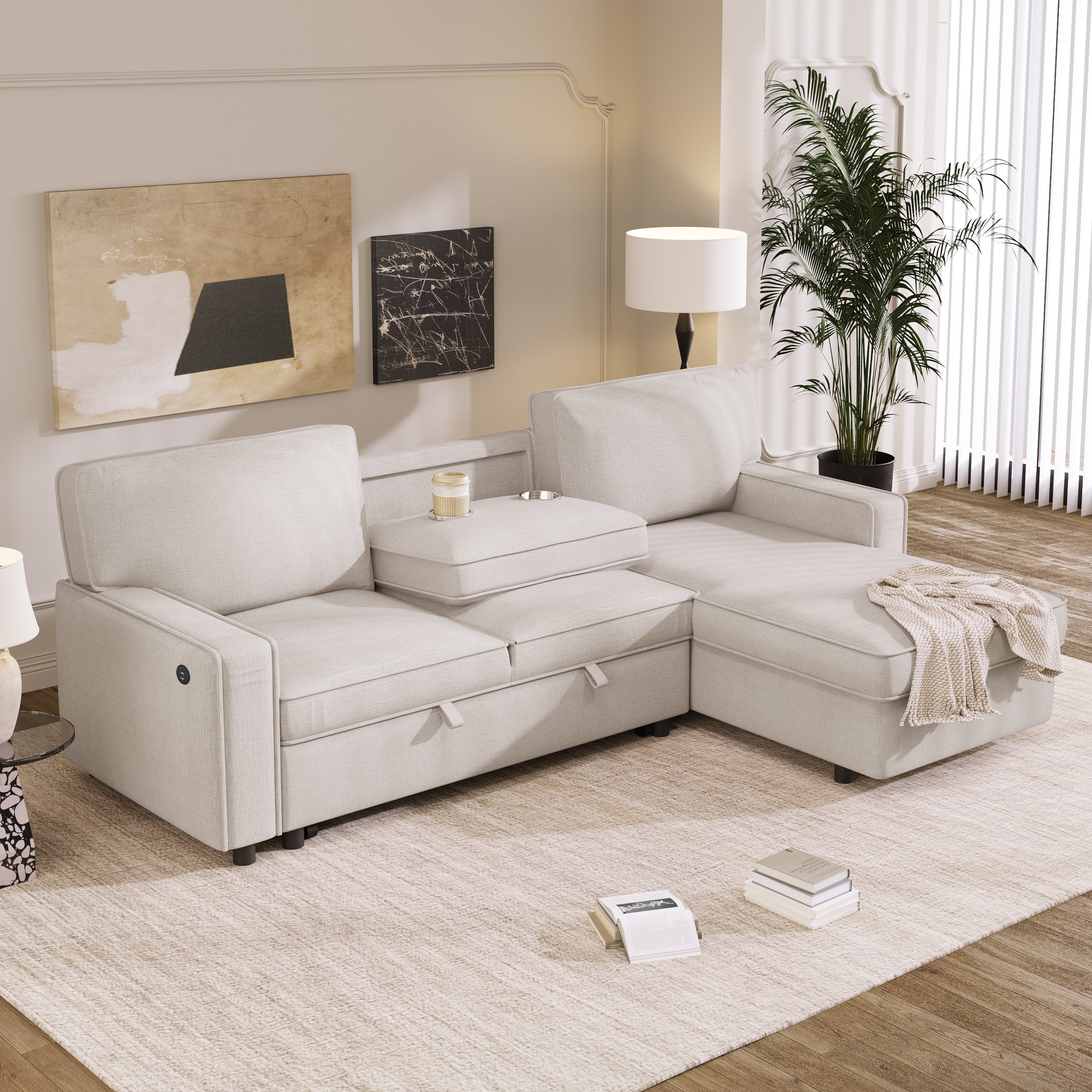 U_STYLE Upholstery Sleeper Sectional Sofa with Storage Space, USB port, 2 cup holders on Back Cushions(same sku; WY000335AAA) - Grand Goldman Shop
